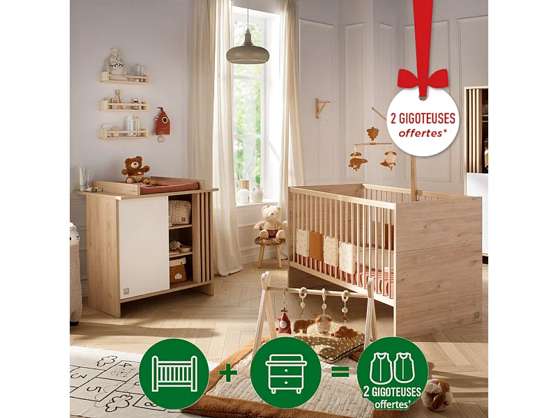 Chambre bébé évolutive Tokyo, Lit 140x70 évolutif et Commode à langer claustra - Chêne suave TOKYO - Sauthon
