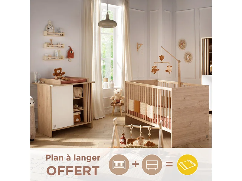 Chambre bébé évolutive Tokyo, Lit 140x70 évolutif et Commode à langer claustra - Chêne suave TOKYO - Sauthon