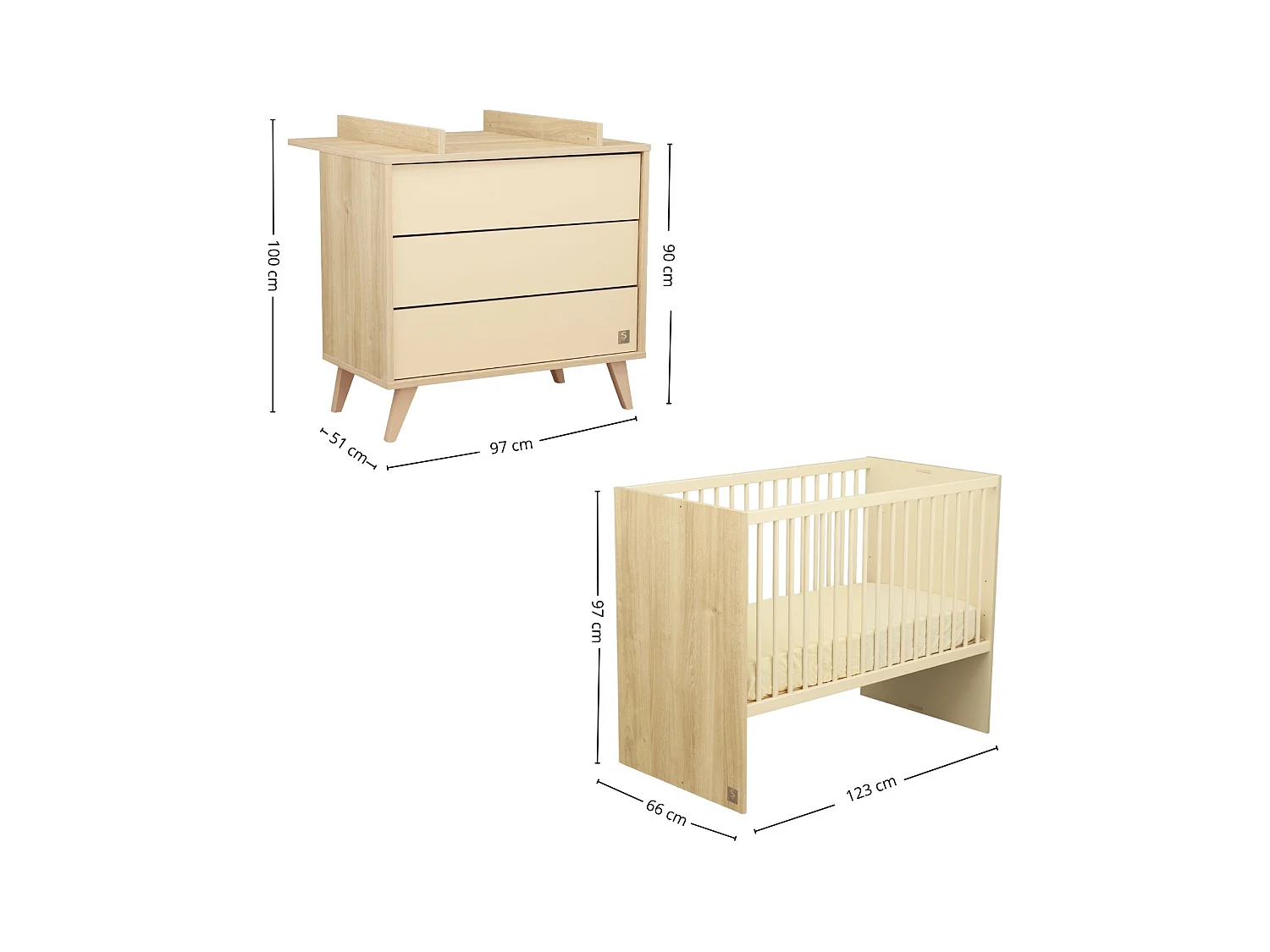 Chambre bébé évolutive Mélinée, Lit 120x60 évolutif et Commode à langer 3 tiroirs - Chêne sépia MELINEE - Sauthon