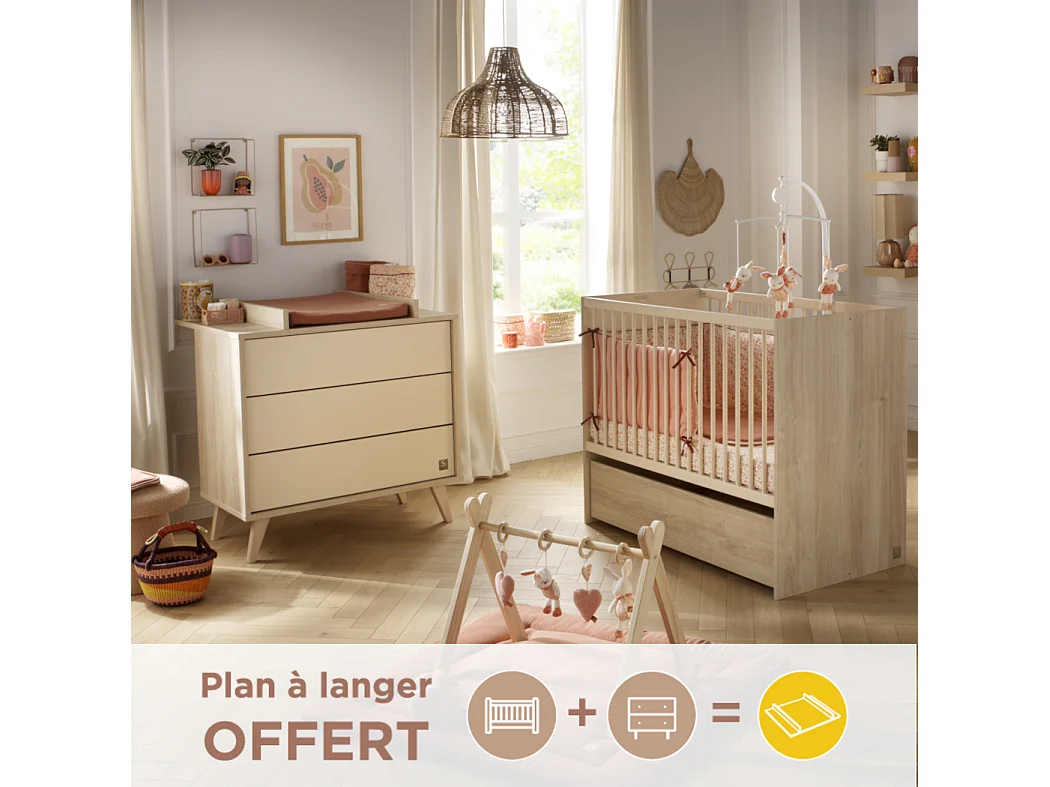 Chambre bébé évolutive Mélinée, Lit 120x60 évolutif et Commode à langer 3 tiroirs - Chêne sépia MELINEE - Sauthon