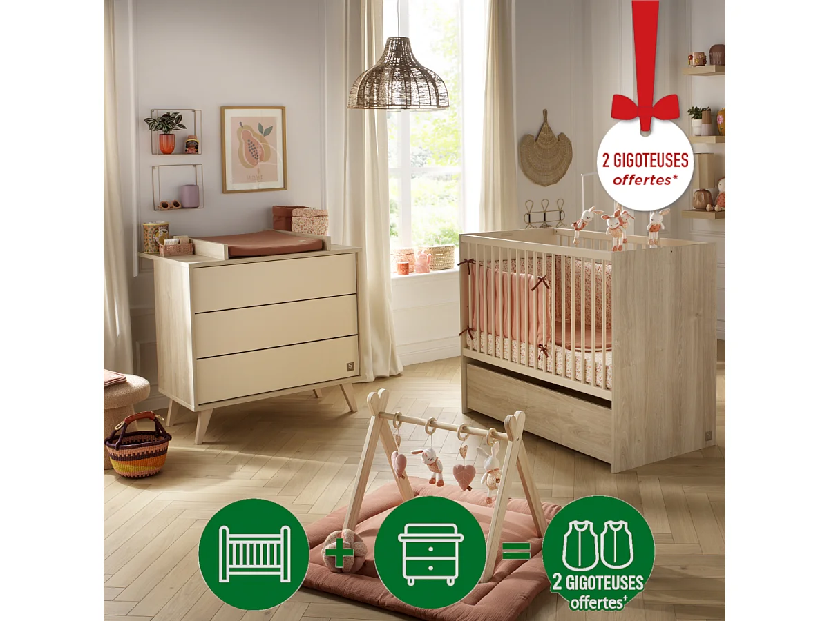 Chambre bébé évolutive Mélinée, Lit 120x60 évolutif et Commode à langer 3 tiroirs - Chêne sépia MELINEE - Sauthon