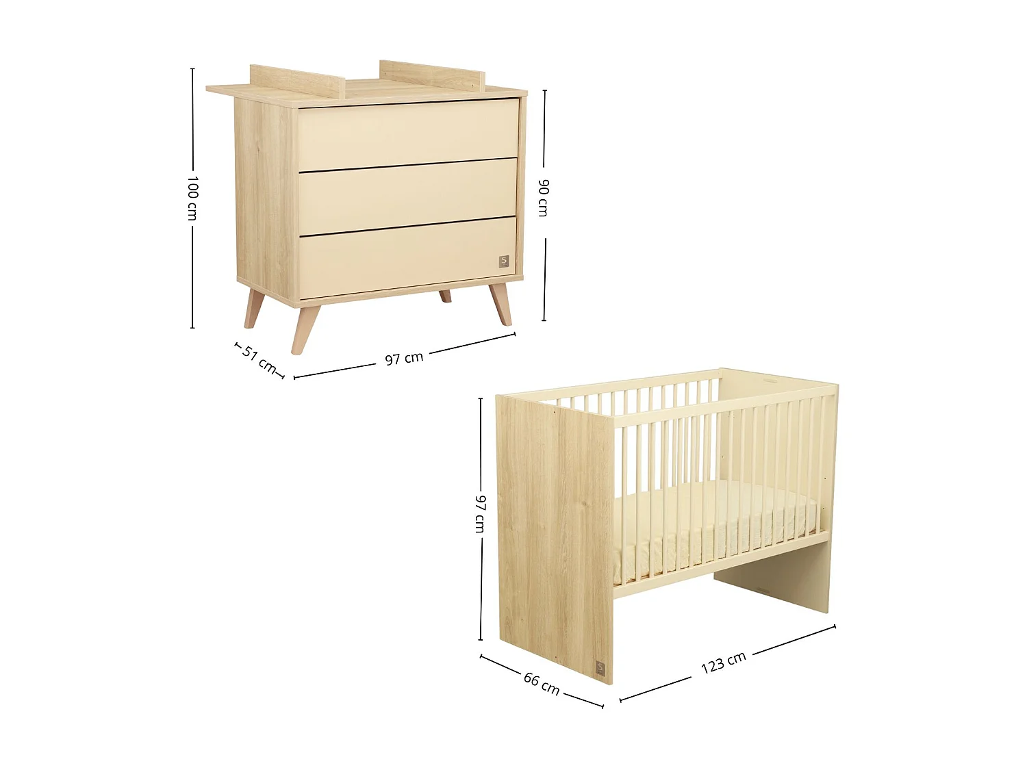 Chambre bébé évolutive Mélinée, Lit 120x60 évolutif et Commode à langer 3 tiroirs - Chêne sépia MELINEE - Sauthon