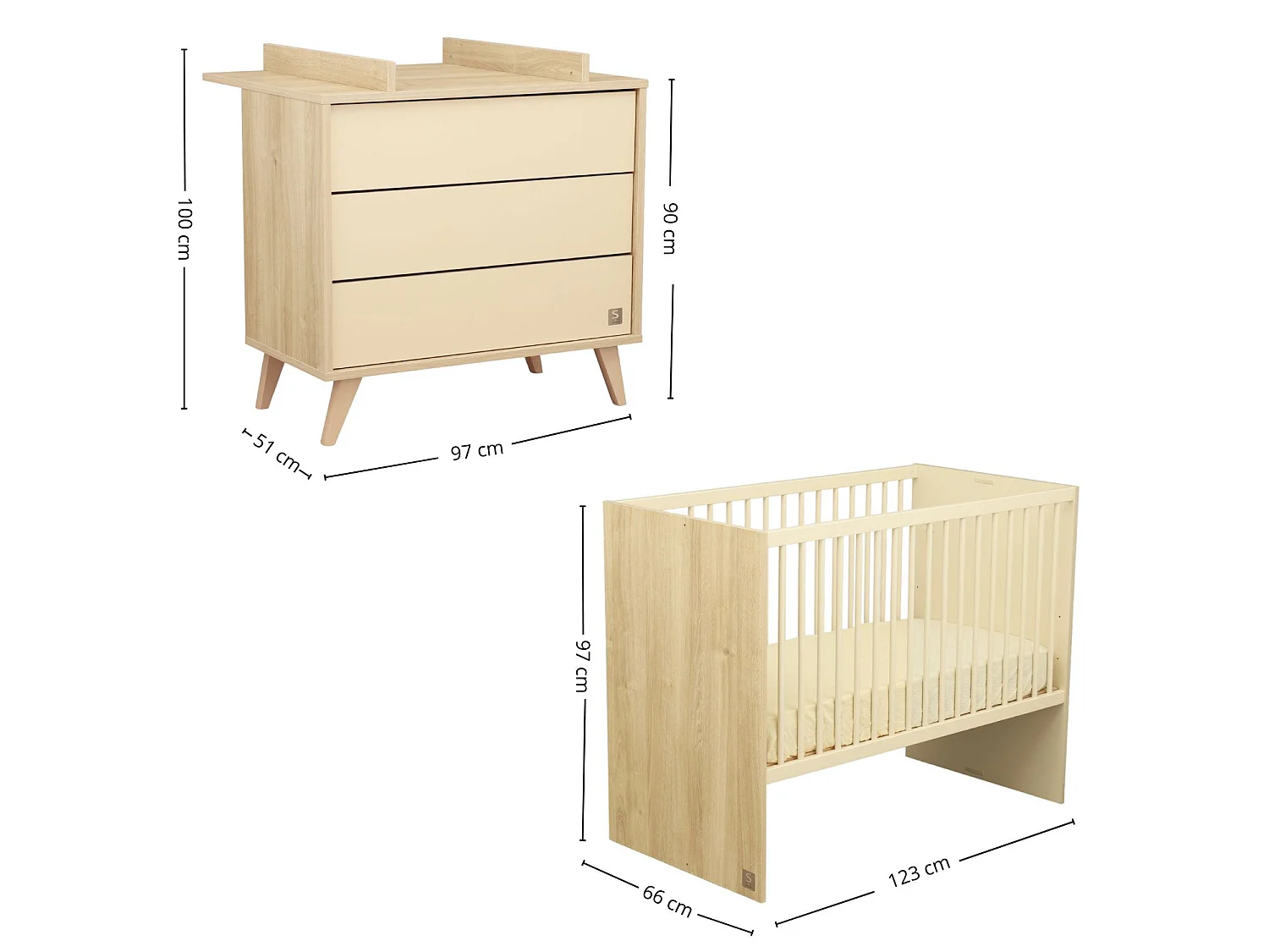 Chambre bébé évolutive Mélinée, Lit 120x60 évolutif et Commode à langer 3 tiroirs - Chêne sépia MELINEE - Sauthon