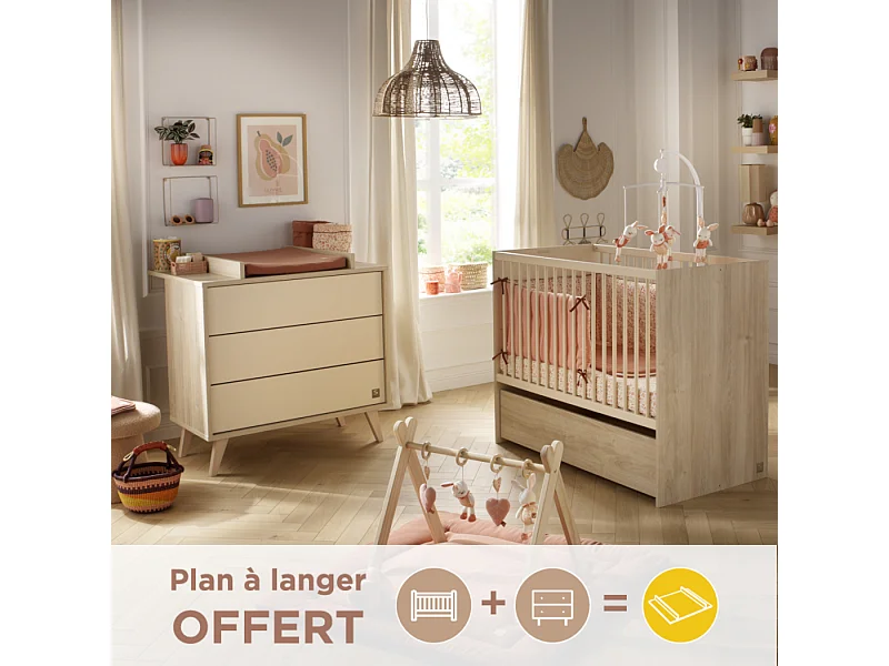 Chambre bébé évolutive Mélinée, Lit 120x60 évolutif et Commode à langer 3 tiroirs - Chêne sépia MELINEE - Sauthon