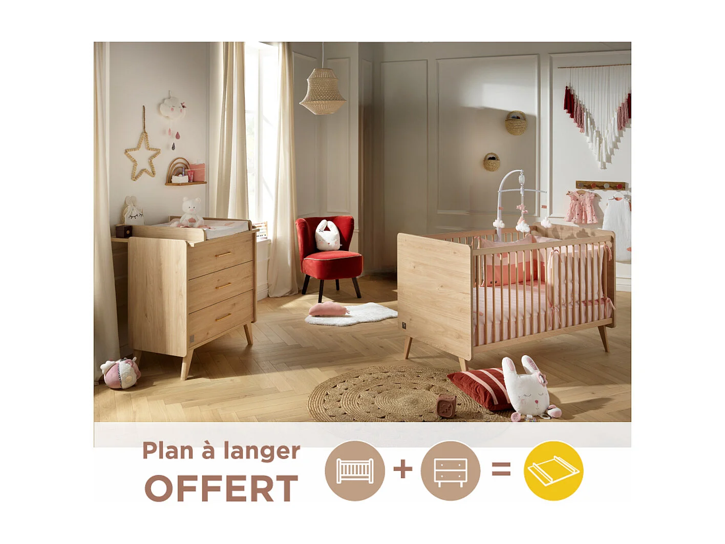 Chambre bébé évolutive Arty, Lit 140x70 et Commode à langer - Chêne suave ARTY - Sauthon