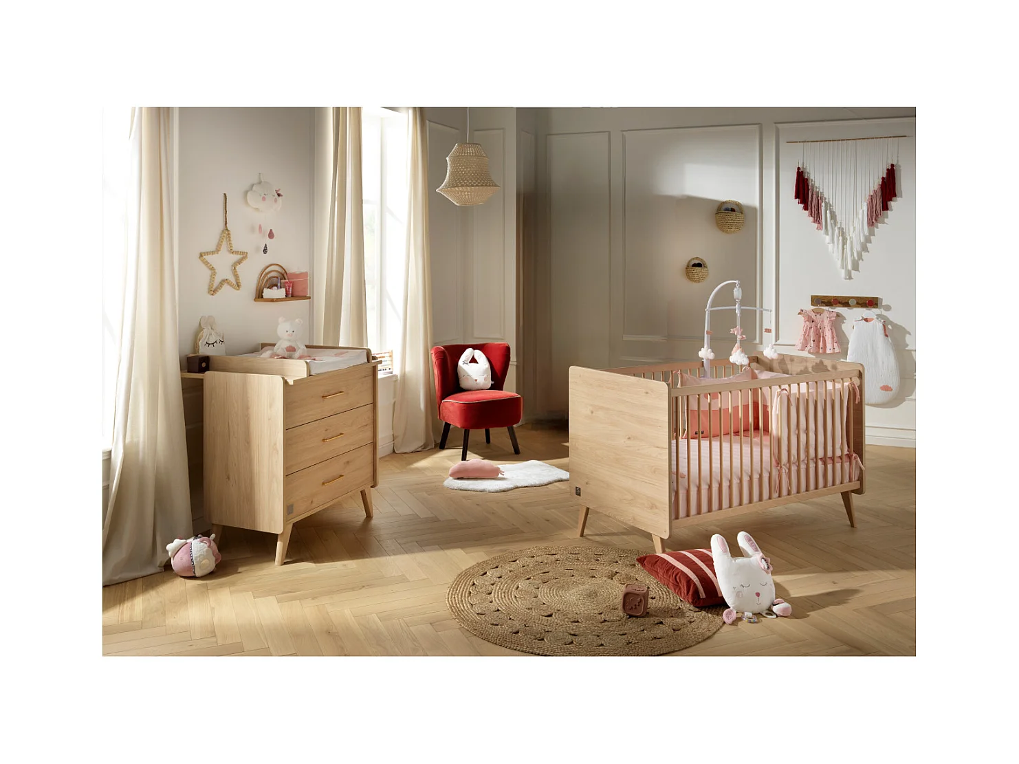 Chambre bébé évolutive Arty, Lit 140x70 et Commode à langer - Chêne suave ARTY - Sauthon