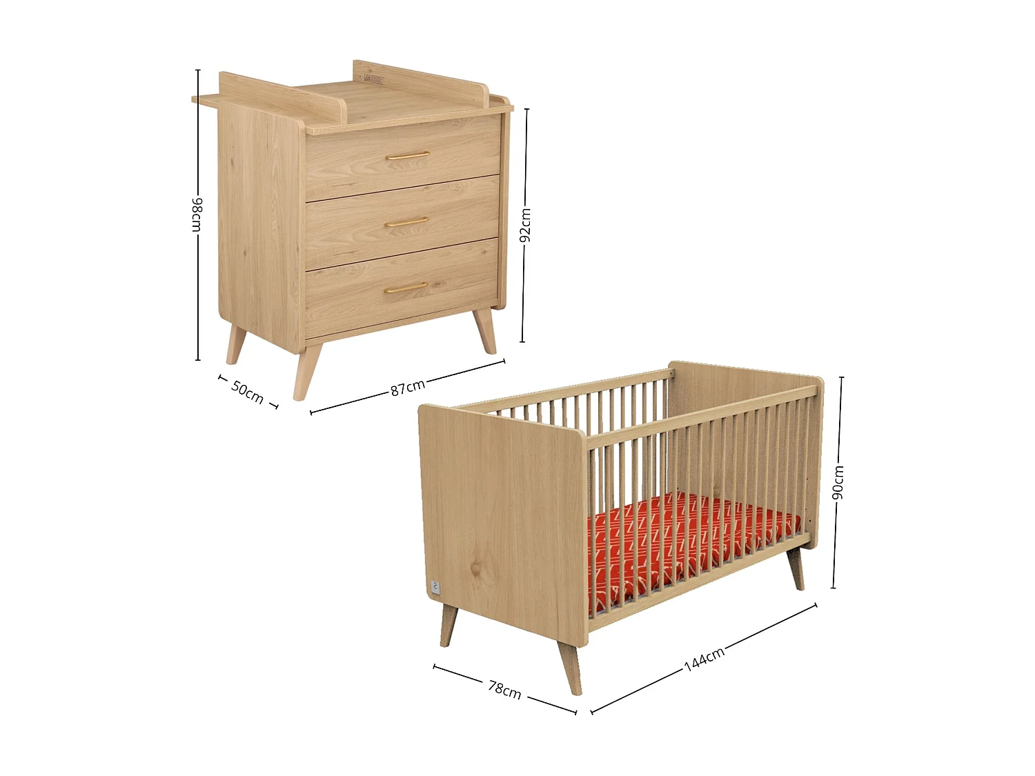 Chambre bébé évolutive Arty, Lit 140x70 et Commode à langer - Chêne suave ARTY - Sauthon