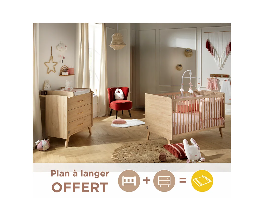 Chambre bébé évolutive Arty, Lit 140x70 et Commode à langer - Chêne suave ARTY - Sauthon