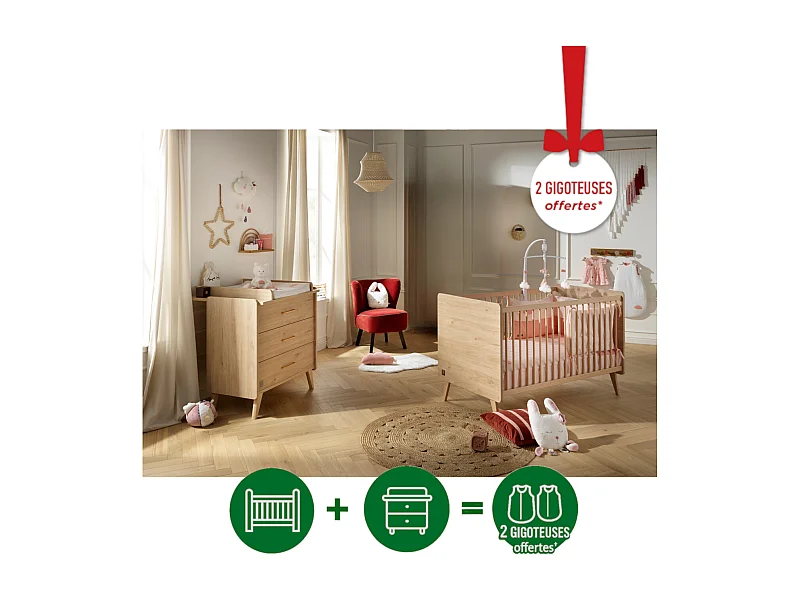 Chambre bébé évolutive Arty, Lit 140x70 et Commode à langer - Chêne suave ARTY - Sauthon