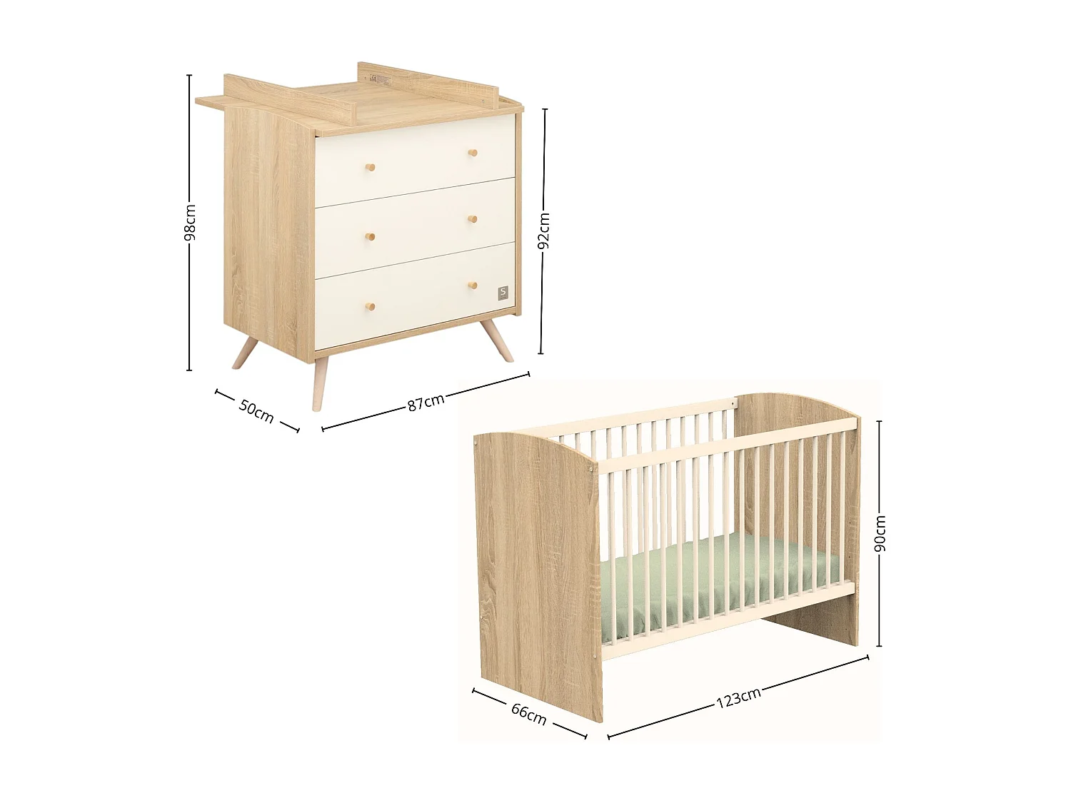 Chambre bébé complète Access, Lit 120x60 et Commode à langer - Chêne doré ACCESS - Sauthon