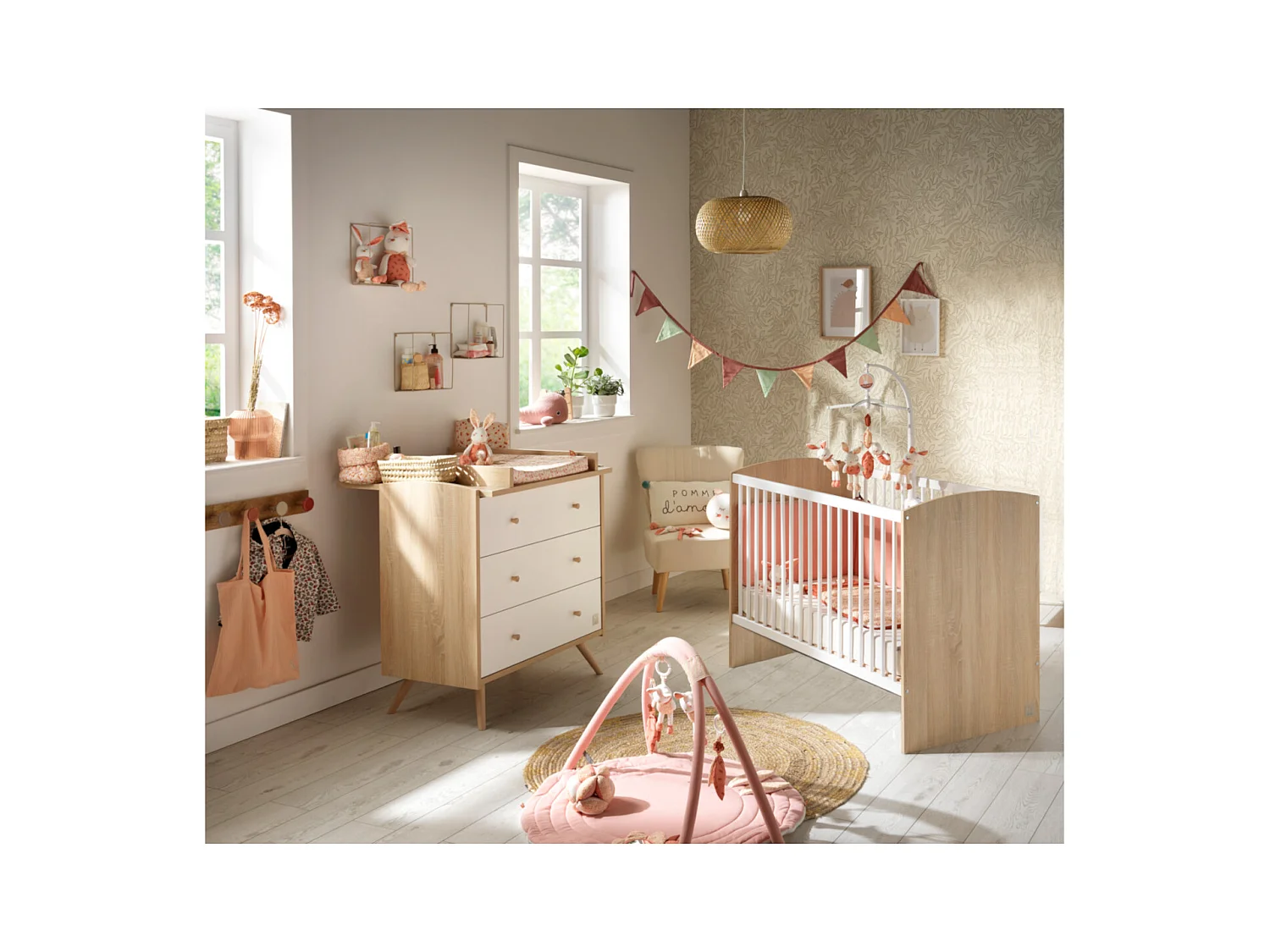 Chambre bébé complète Access, Lit 120x60 et Commode à langer - Chêne doré ACCESS - Sauthon