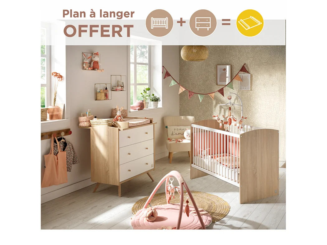 Chambre bébé complète Access, Lit 120x60 et Commode à langer - Chêne doré ACCESS - Sauthon