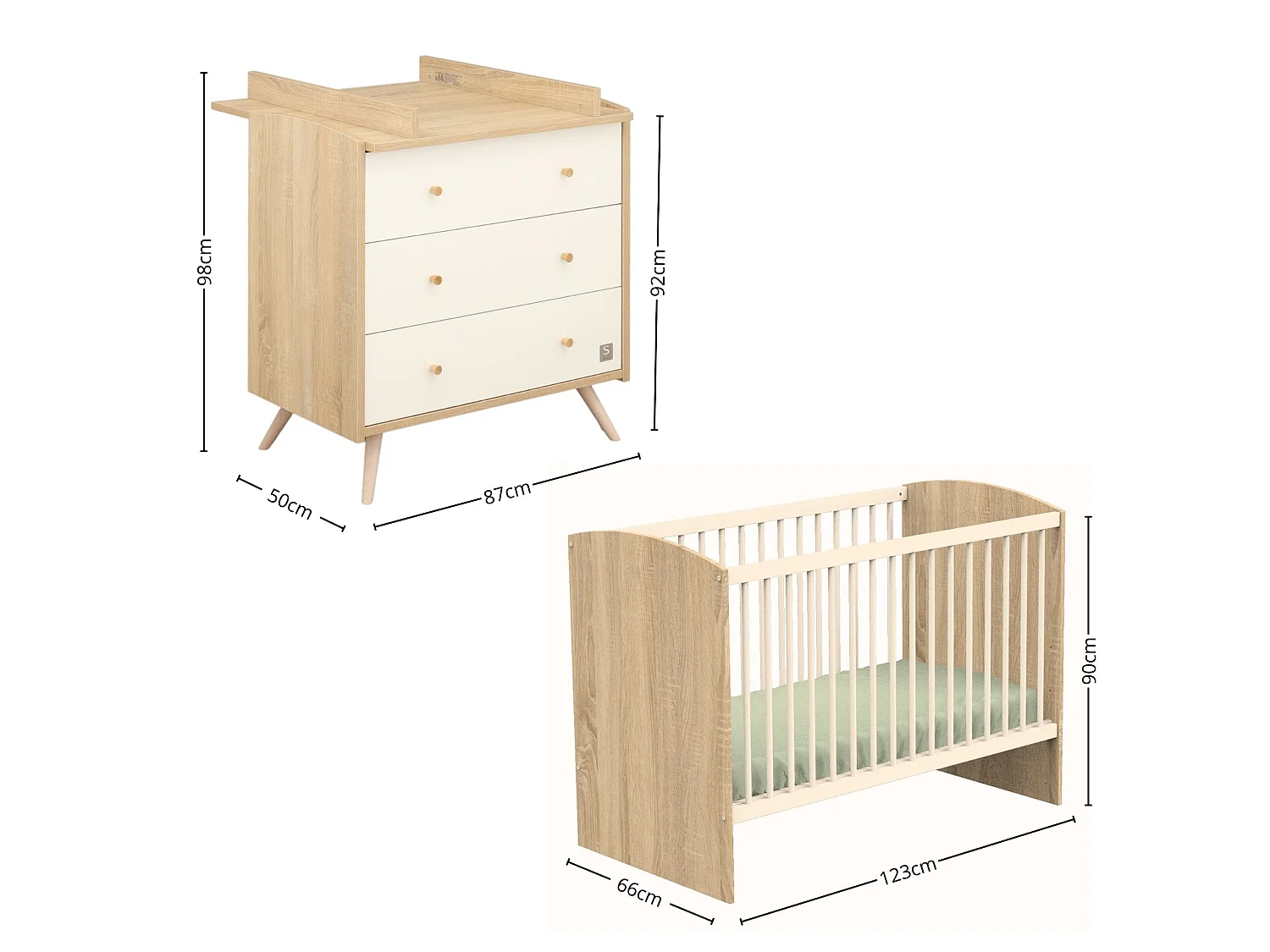 Chambre bébé complète Access, Lit 120x60 et Commode à langer - Chêne doré ACCESS - Sauthon