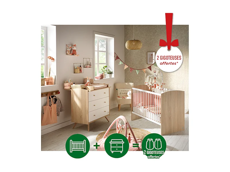 Access guardería completa, cama de 120x60cm y cómoda - Roble Dorado