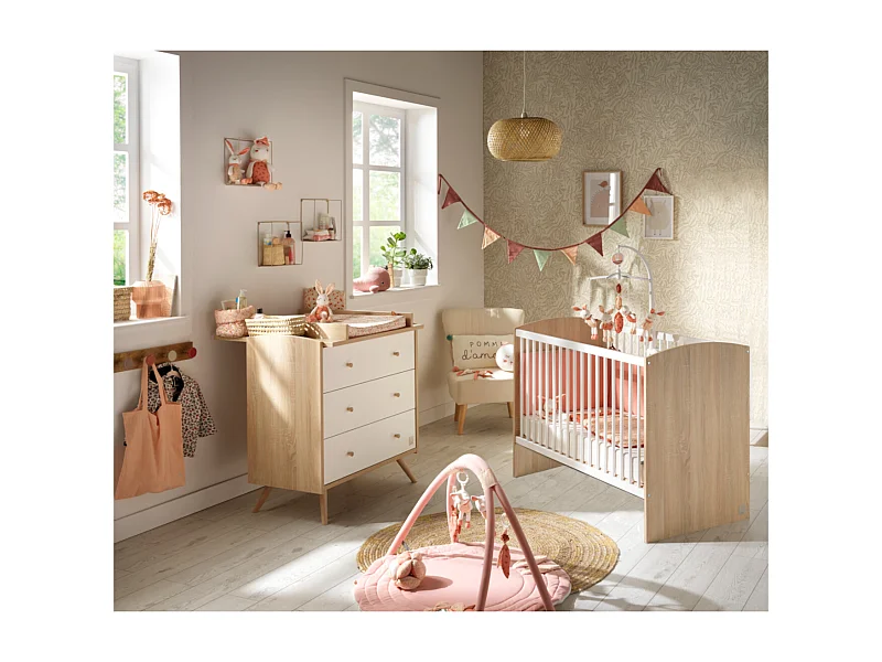 Chambre bébé complète Access, Lit 120x60 et Commode à langer - Chêne doré ACCESS - Sauthon