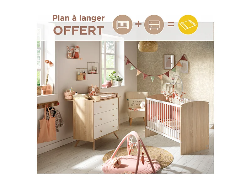 Chambre bébé complète Access, Lit 120x60 et Commode à langer - Chêne doré ACCESS - Sauthon