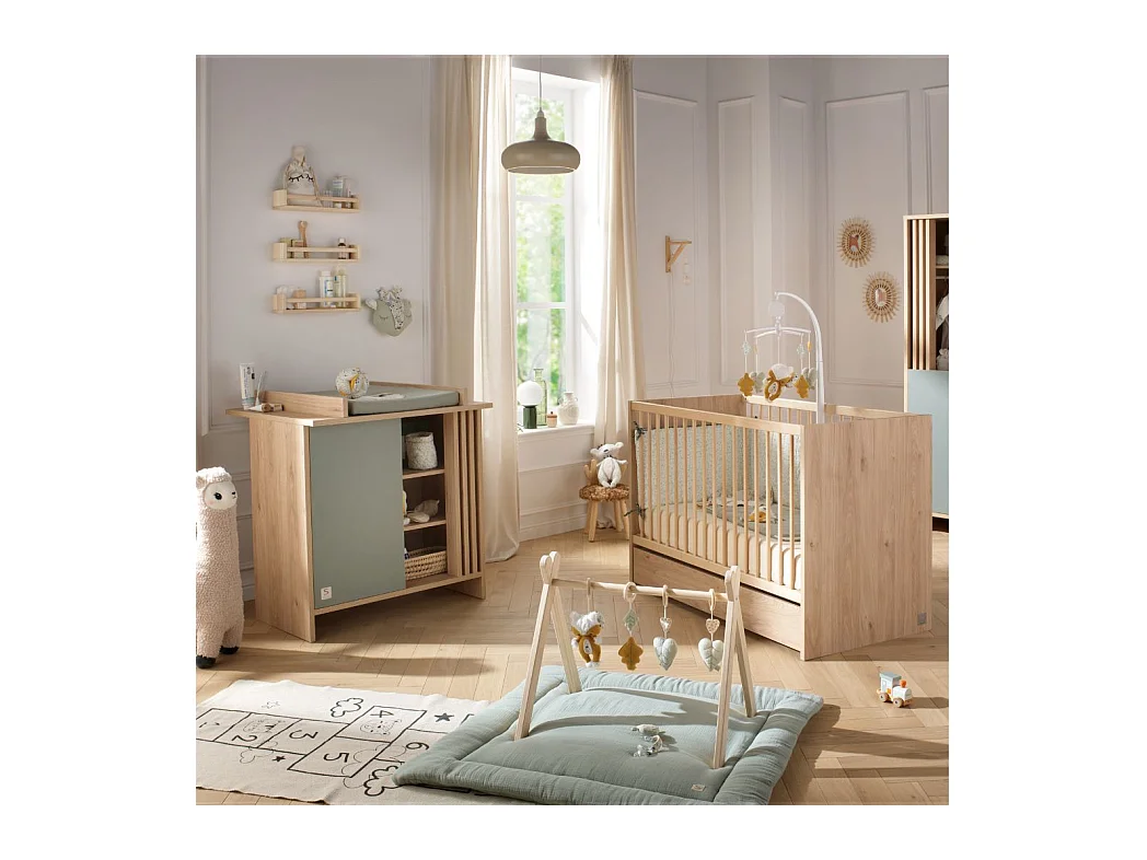 Chambre bébé complète Tokyo, Lit 120x60 et Commode à langer claustra - Chêne suave TOKYO - Sauthon