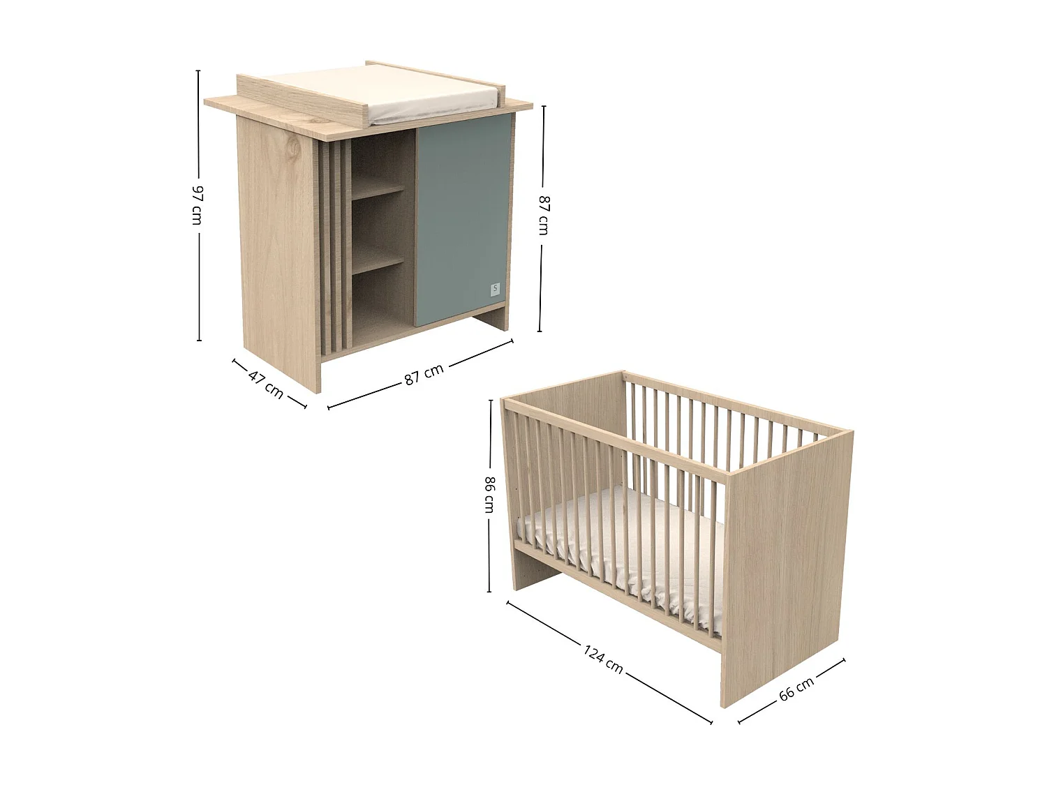 Chambre bébé complète Tokyo, Lit 120x60 et Commode à langer claustra - Chêne suave TOKYO - Sauthon