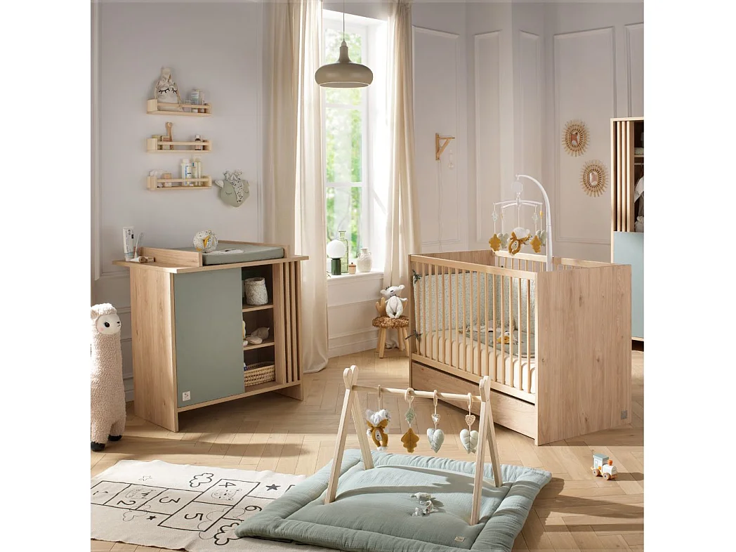 Chambre bébé complète Tokyo, Lit 120x60 et Commode à langer claustra - Chêne suave TOKYO - Sauthon
