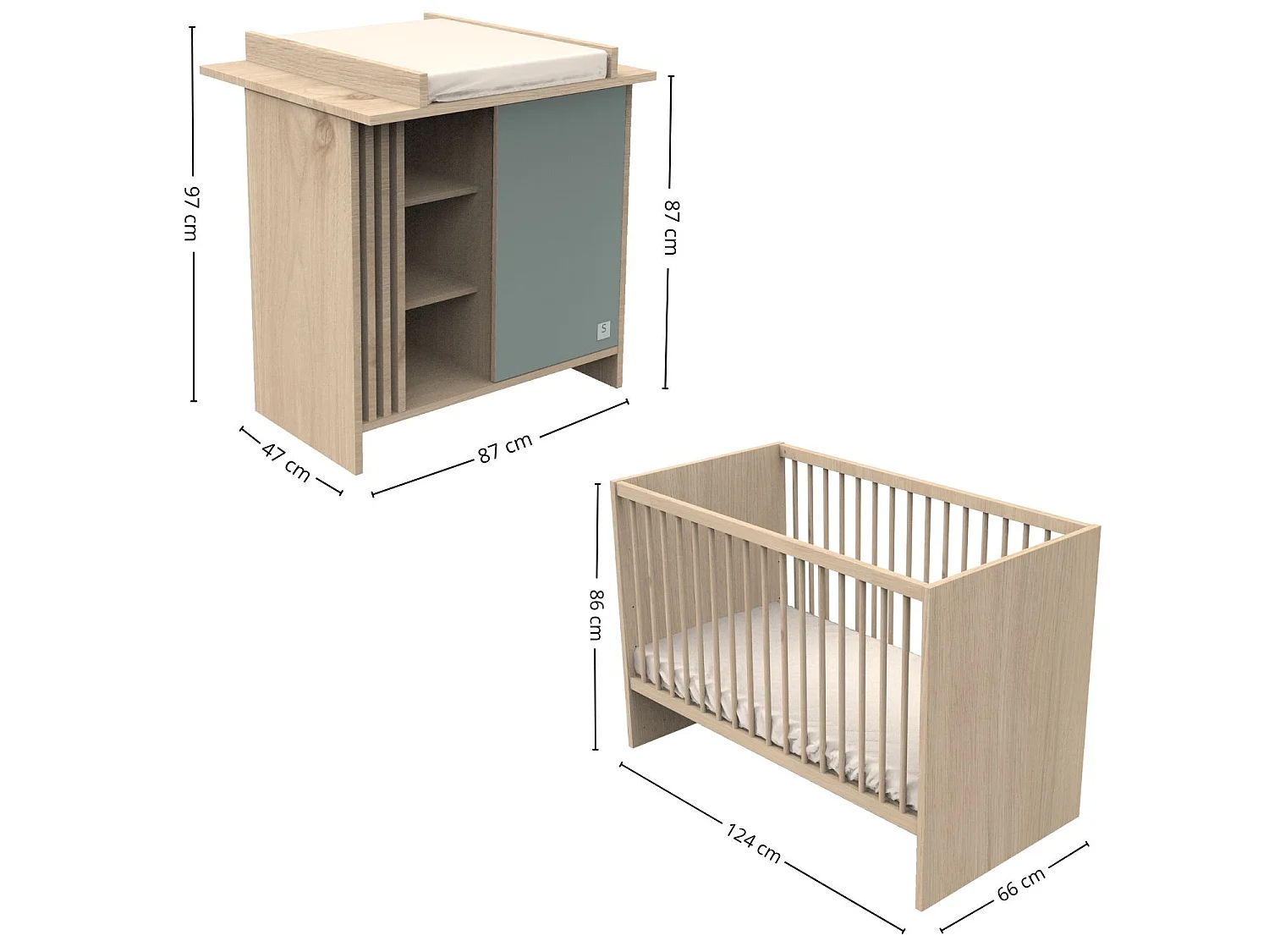 Chambre bébé complète Tokyo, Lit 120x60 et Commode à langer claustra - Chêne suave TOKYO - Sauthon