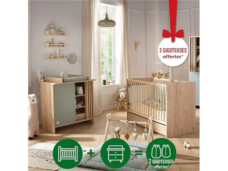 Chambre bébé complète Tokyo, Lit 120x60 et Commode à langer claustra - Chêne suave TOKYO - Sauthon