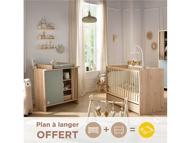 Chambre bébé complète Tokyo, Lit 120x60 et Commode à langer claustra - Chêne suave TOKYO - Sauthon