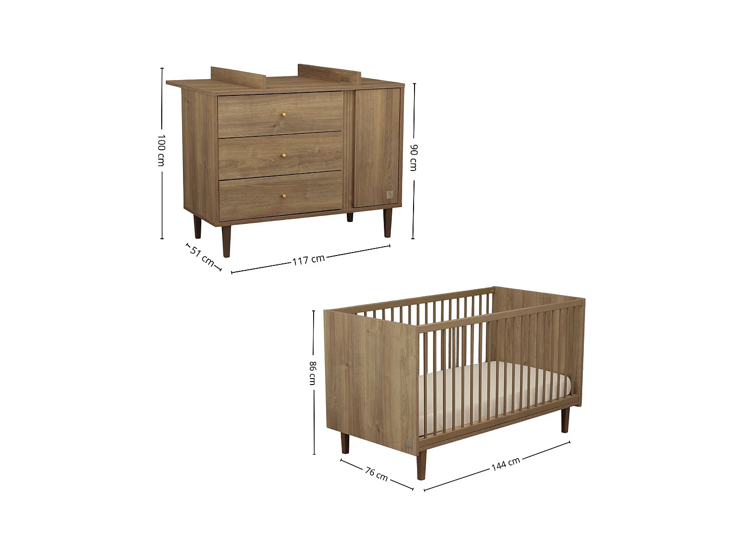 Chambre bébé évolutive Mokka, Lit 140x70 évolutif et Commode à langer - Chêne Mokka MOKKA - Sauthon