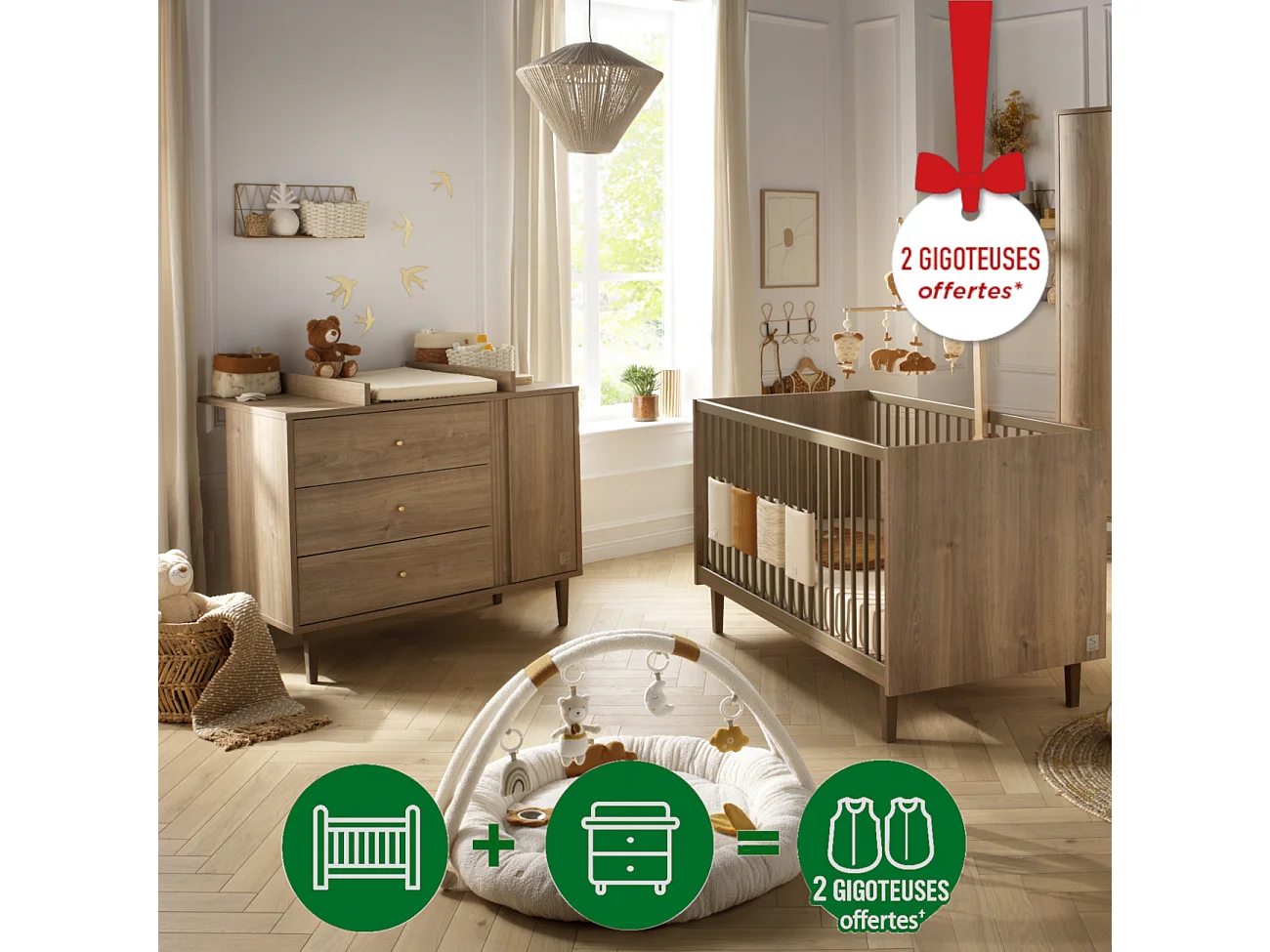 Chambre bébé évolutive Mokka, Lit 140x70 évolutif et Commode à langer - Chêne Mokka MOKKA - Sauthon