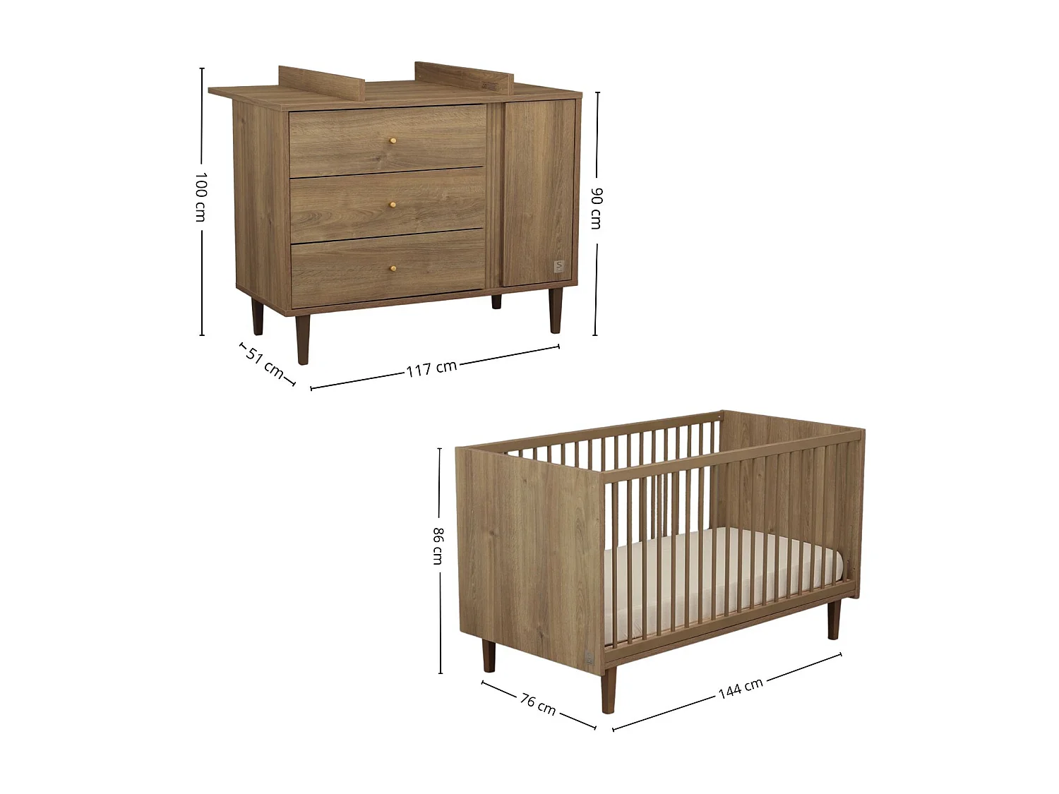 Chambre bébé évolutive Mokka, Lit 140x70 évolutif et Commode à langer - Chêne Mokka MOKKA - Sauthon