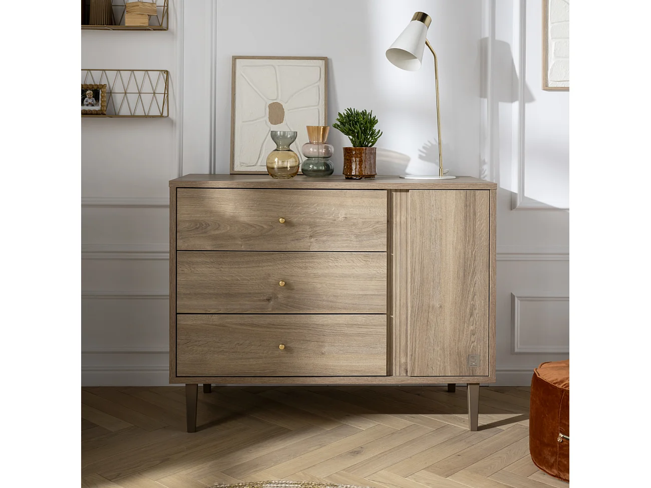 Evolving babykamer Mokka, Evolving bed 140x70 en commode - Chêne Mokka