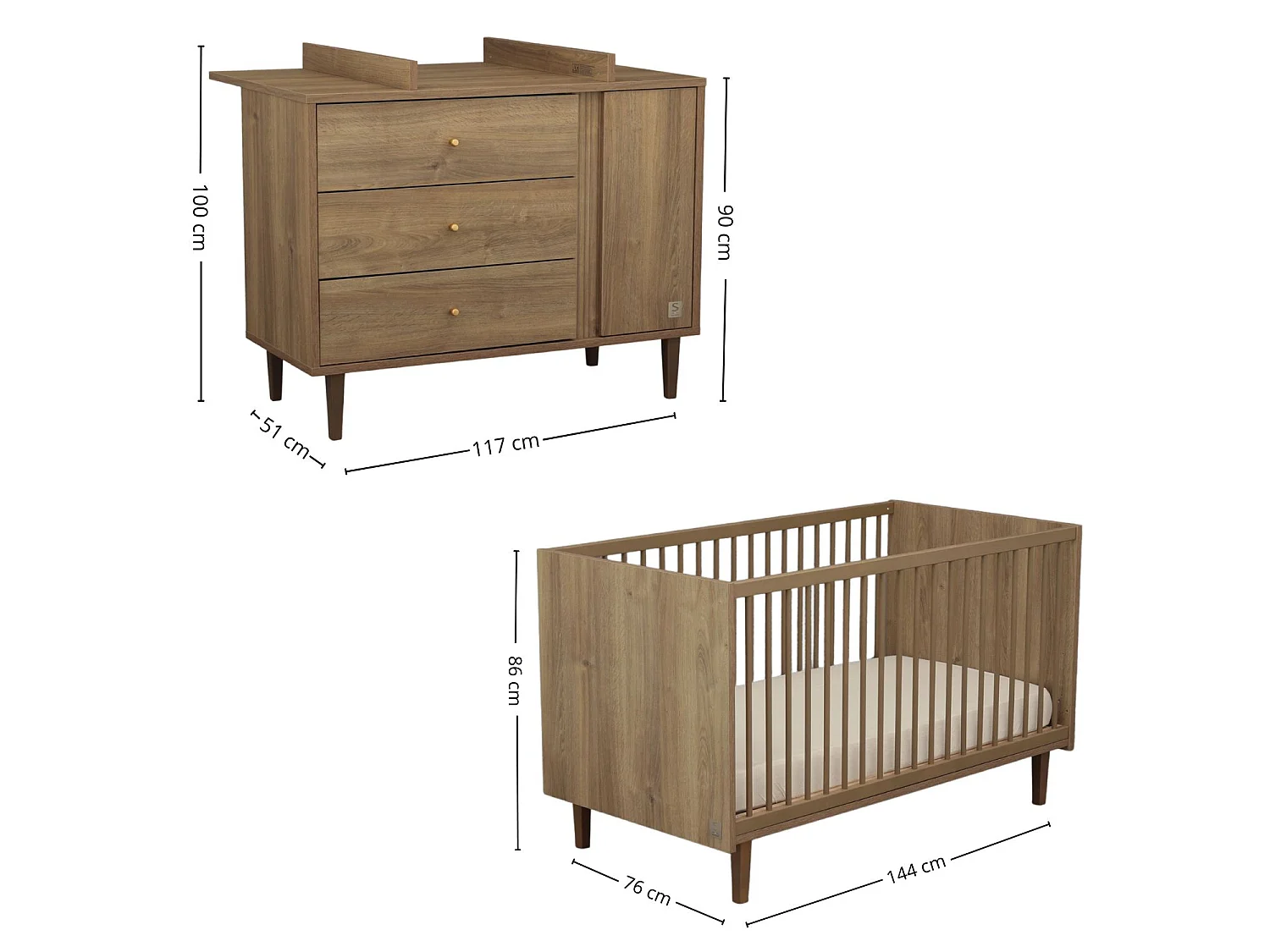 Evolving babykamer Mokka, Evolving bed 140x70 en commode - Chêne Mokka