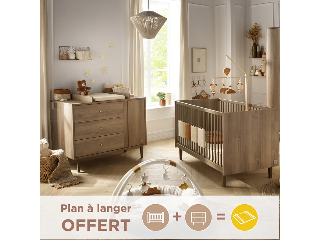 Chambre bébé évolutive Mokka, Lit 140x70 évolutif et Commode à langer - Chêne Mokka MOKKA - Sauthon