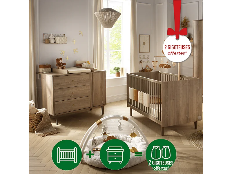 Chambre bébé évolutive Mokka, Lit 140x70 évolutif et Commode à langer - Chêne Mokka MOKKA - Sauthon