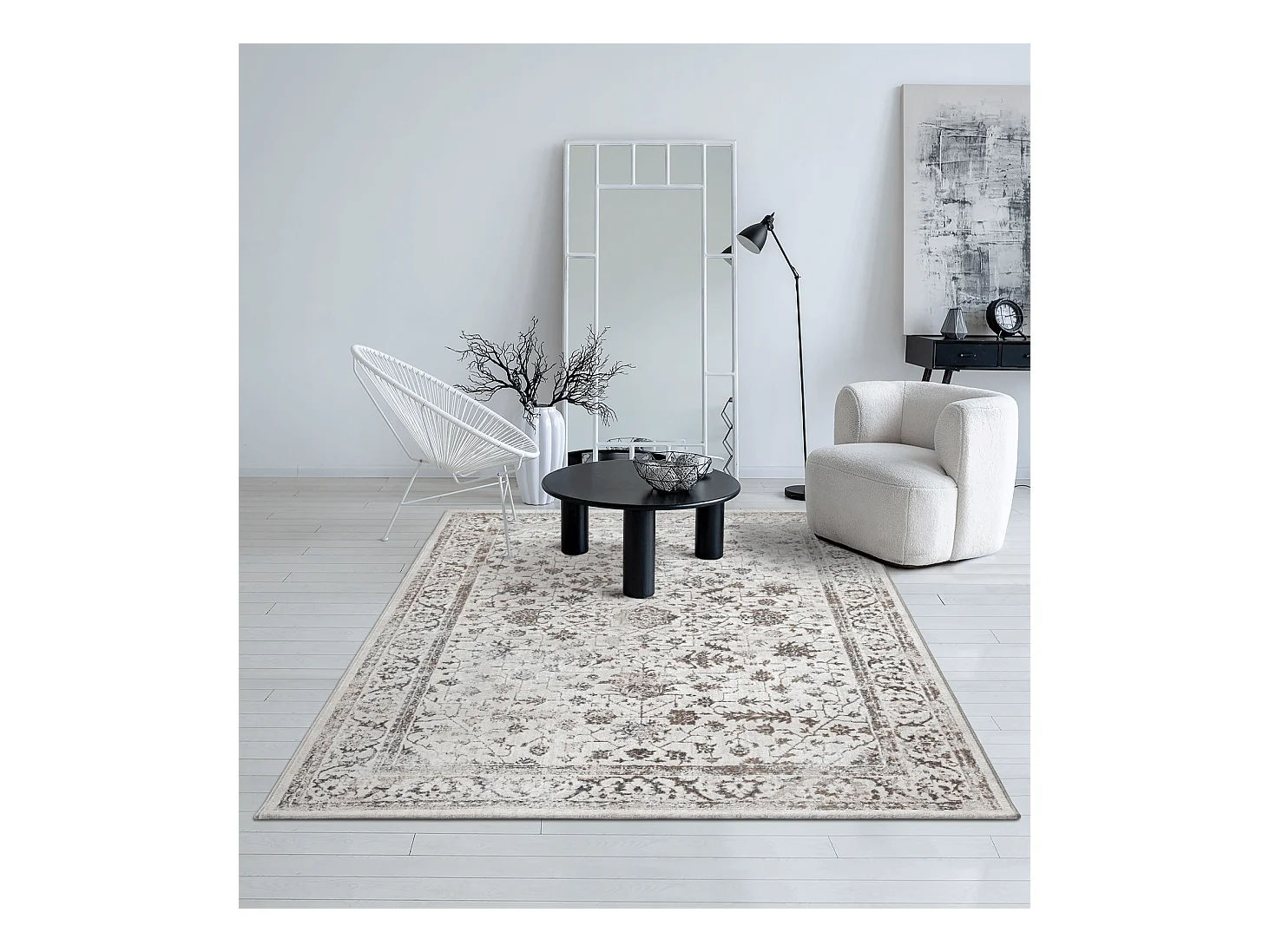 Tapis Mila brillant, classique vintage, Crème, 80 x 300 cm