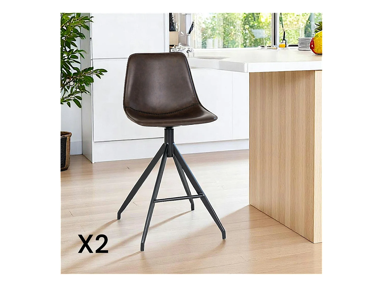 Tabouret de bar marron avec couture (lot de 2) AMSTERDAM