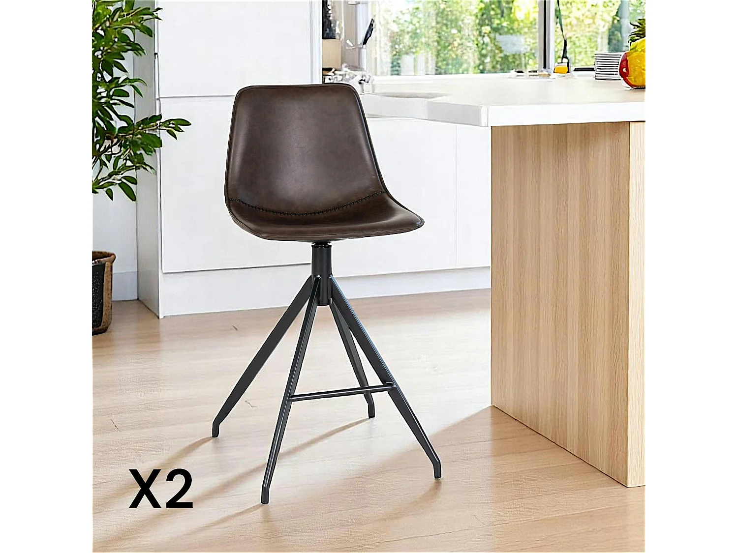 Tabouret de bar marron avec couture (lot de 2) AMSTERDAM