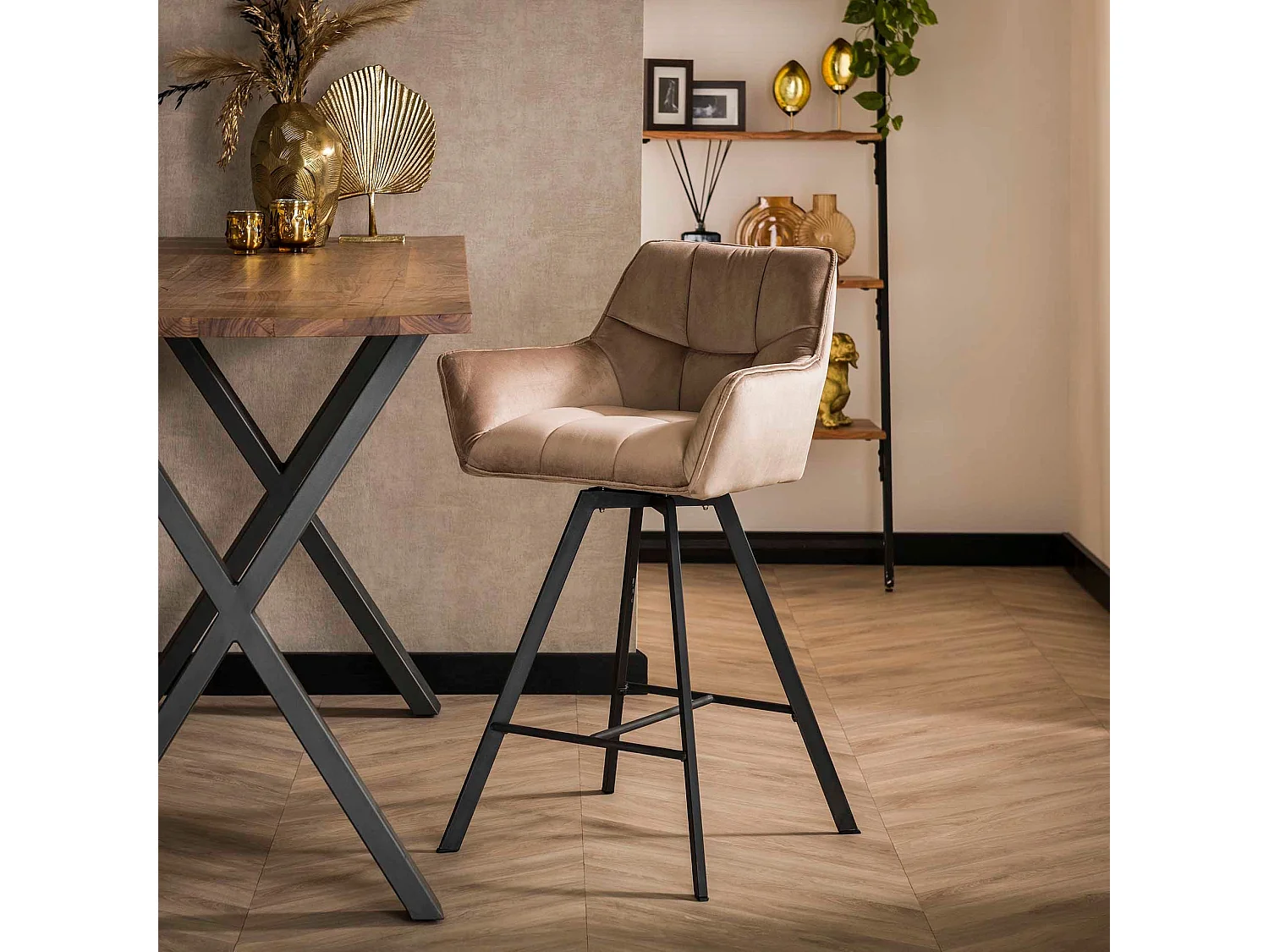 Tabouret de bar pivotant en velours champagne - 2 pièces