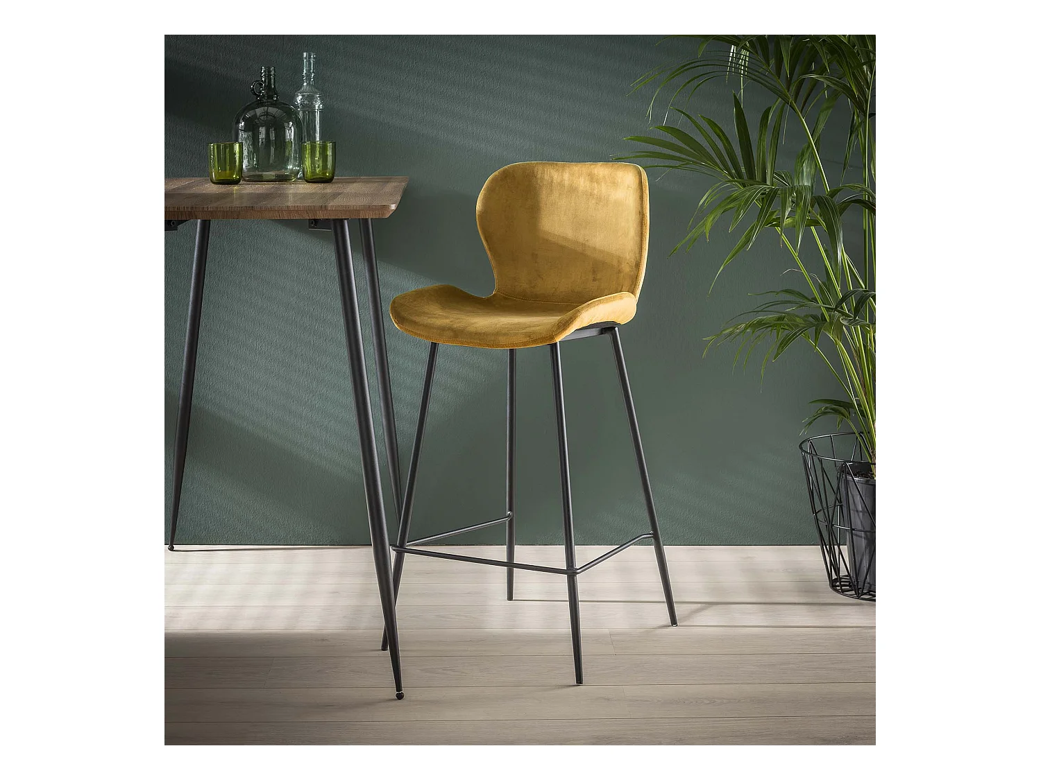 Tabouret de bar en velours - Lot de 4 - Doré - 4 pièces - Jaune