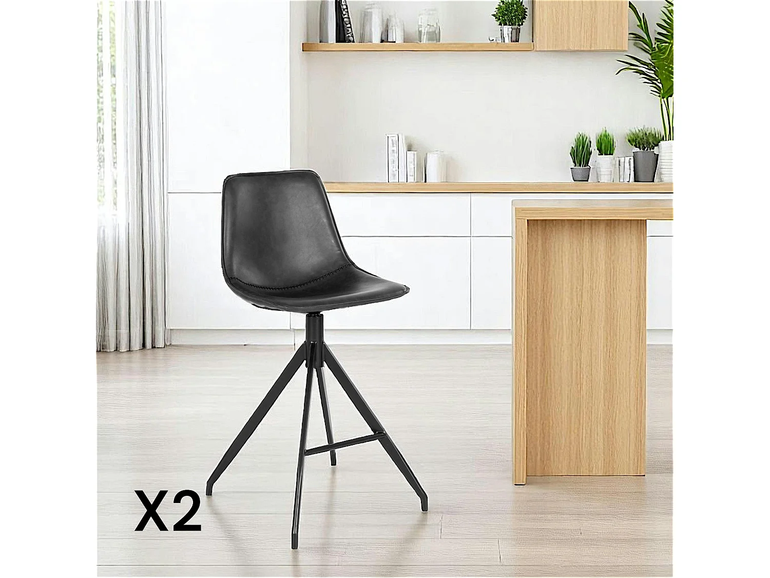 Tabouret de bar noir avec couture (lot de 2) AMSTERDAM