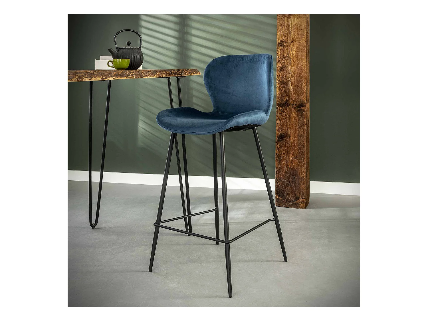 Tabouret de bar en velours - Bleu - 4 pièces
