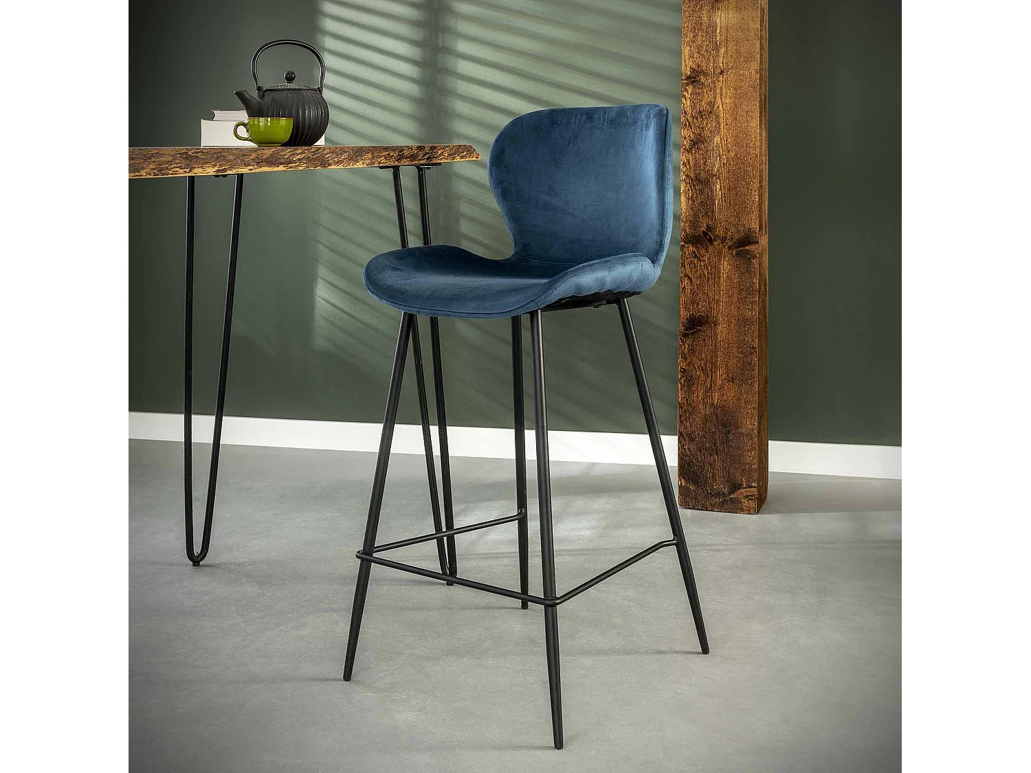 Tabouret de bar en velours - Bleu - 4 pièces