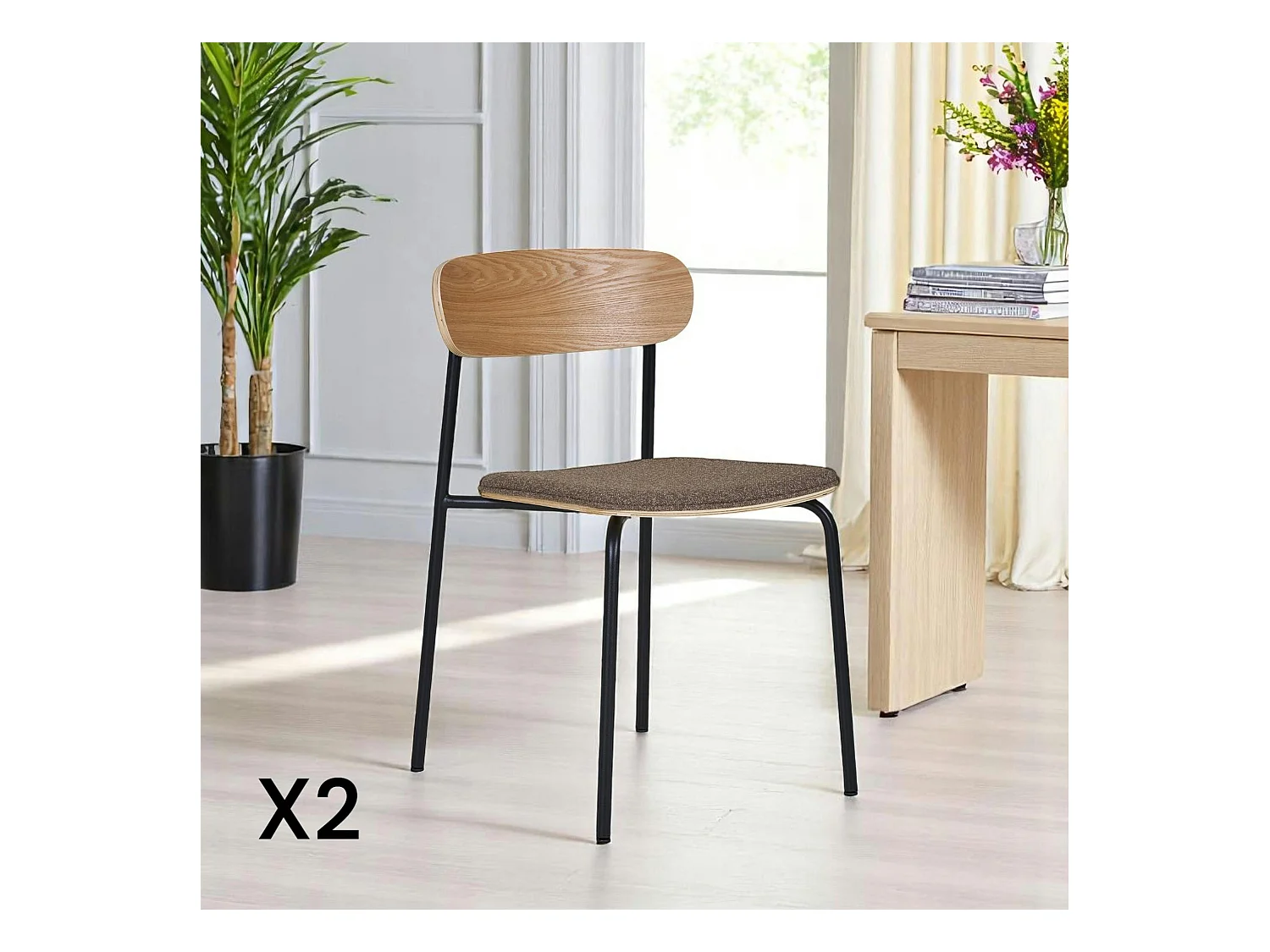 Chaise en bois style écolier avec assise tissu marron (lot de 2) BERLIN