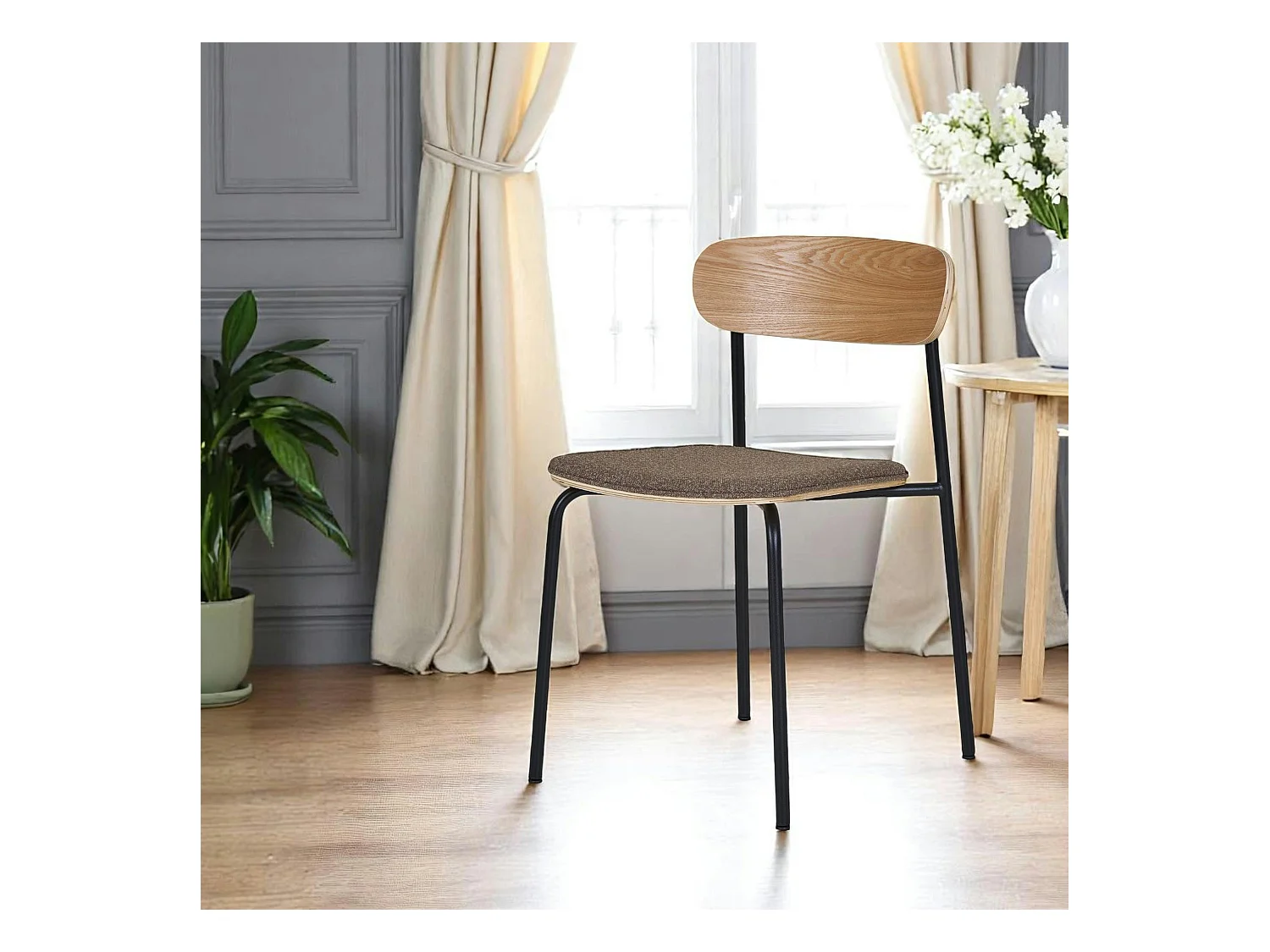 Chaise en bois style écolier avec assise tissu marron (lot de 2) BERLIN