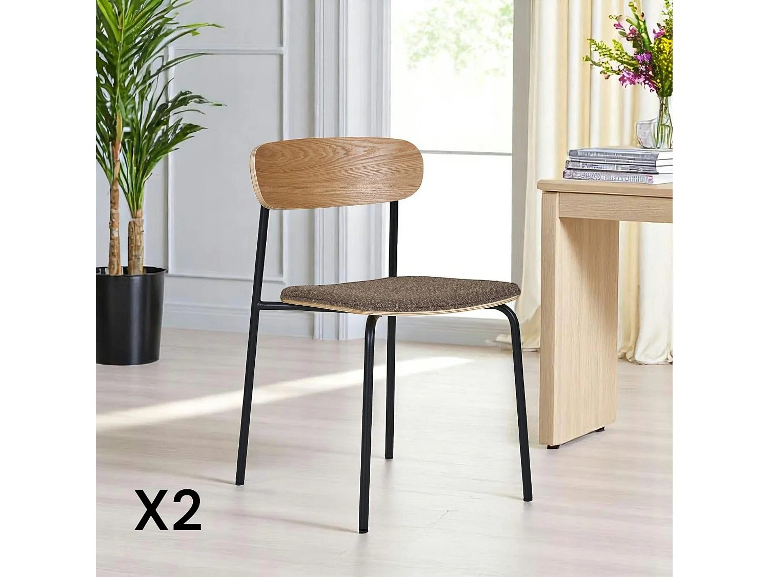 Chaise en bois style écolier avec assise tissu marron (lot de 2) BERLIN