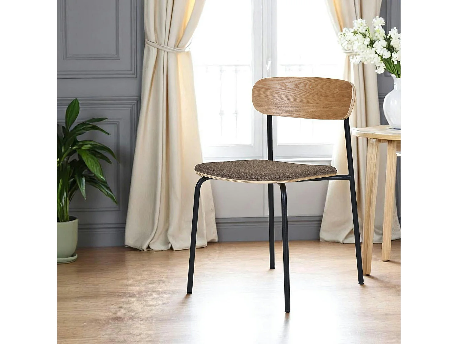 Chaise en bois style écolier avec assise tissu marron (lot de 2) BERLIN