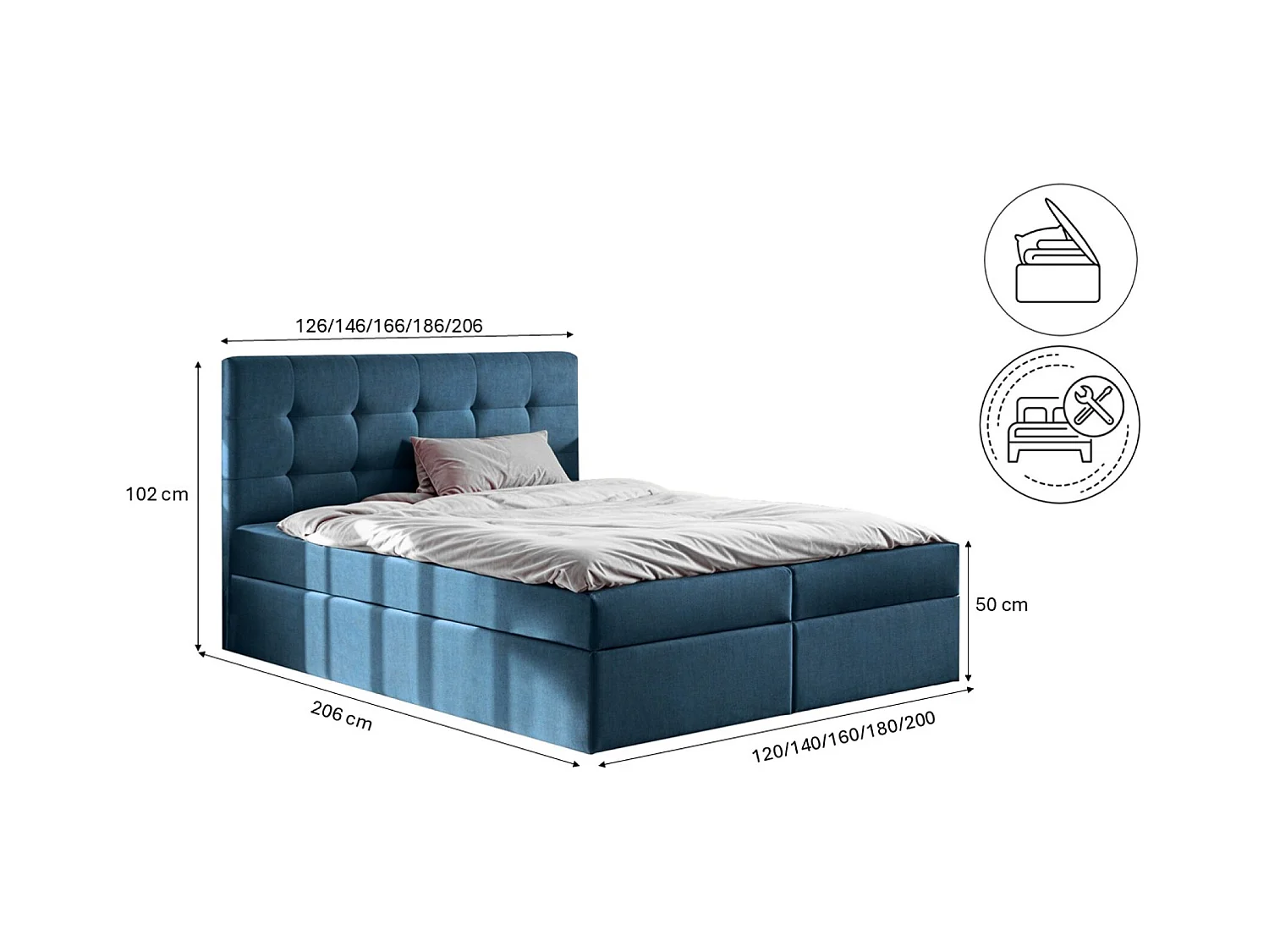 Lit à sommier tapissier avec matelas et sommier, tissu LUDANO Noel Blue 200x200 cm H2-Pocket