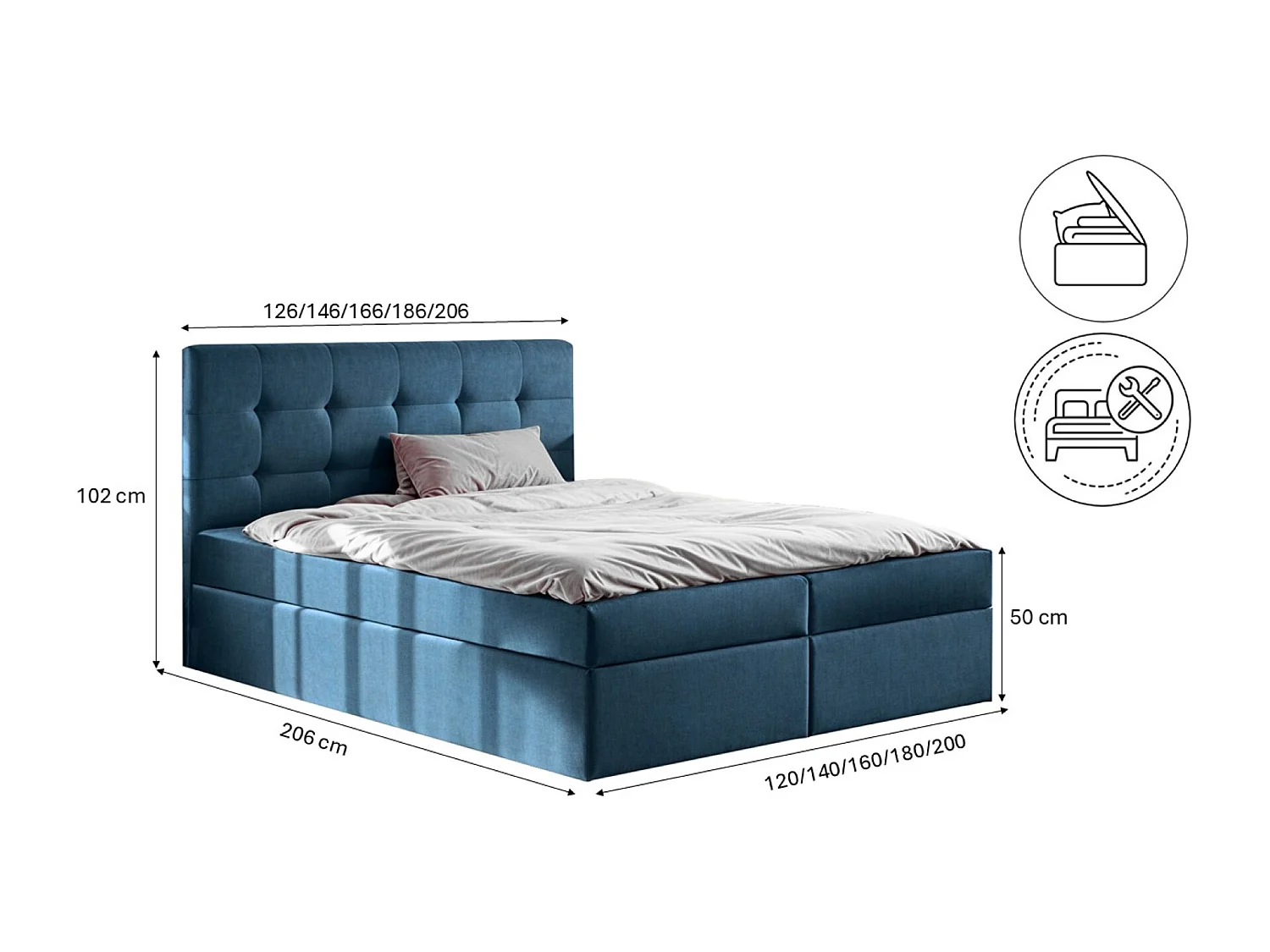 Lit à sommier tapissier avec matelas et sommier, tissu LUDANO Noel Blue 200x200 cm H2-Pocket