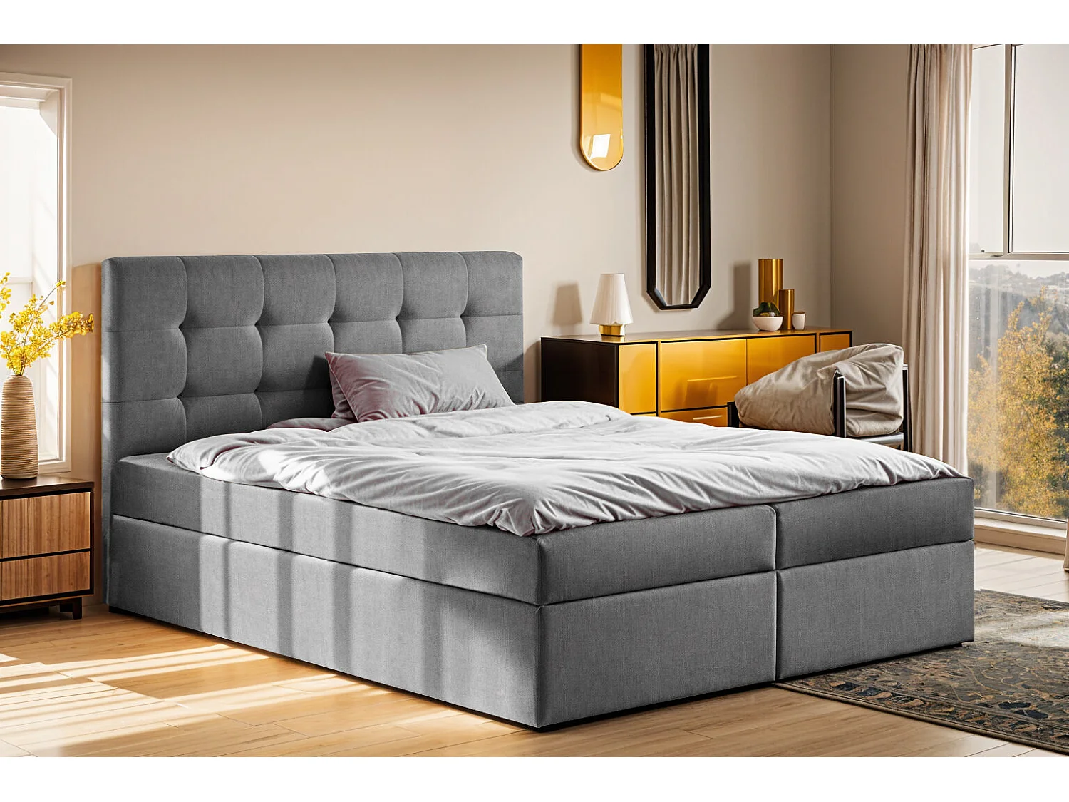 Lit à sommier tapissier avec matelas et sommier, tissu LUDANO Noel Grey 200x200 cm H2-Pocket