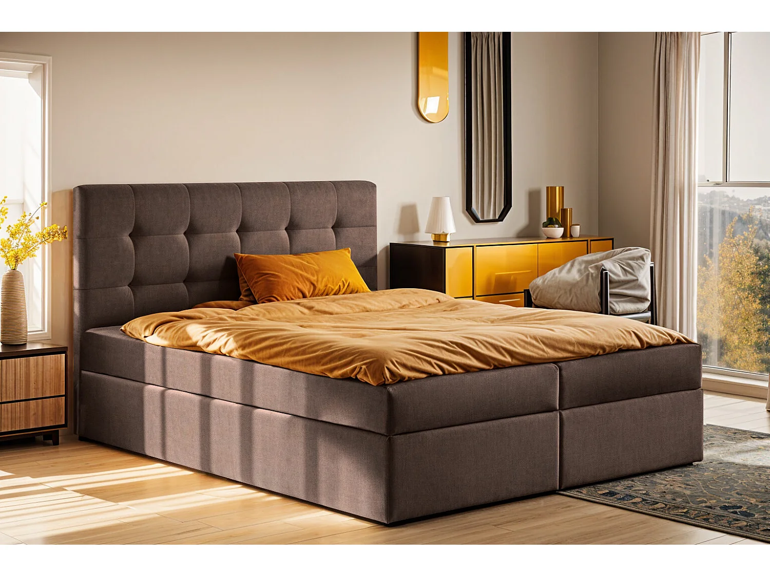 Lit à sommier tapissier avec matelas et sommier, tissu LUDANO Noel Brown 140x200 cm H2-Pocket