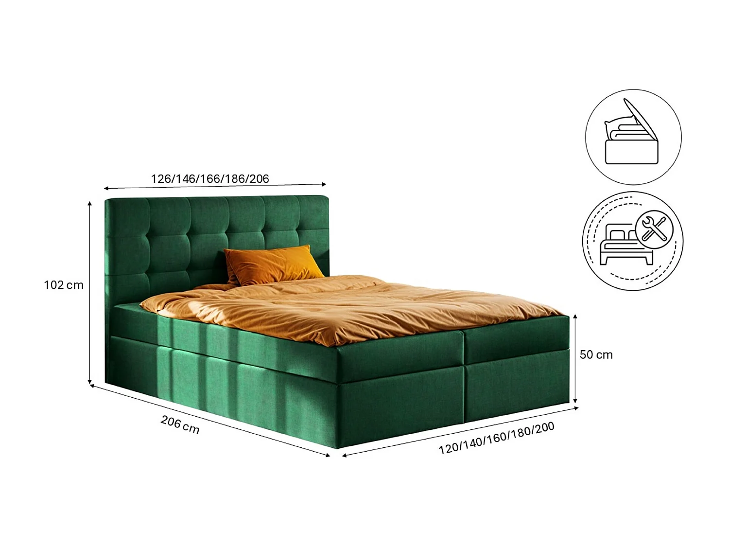 Lit à sommier tapissier avec matelas et sommier tapissier, tissu LUDANO Noel Green 140x200 cm H3-Bonell